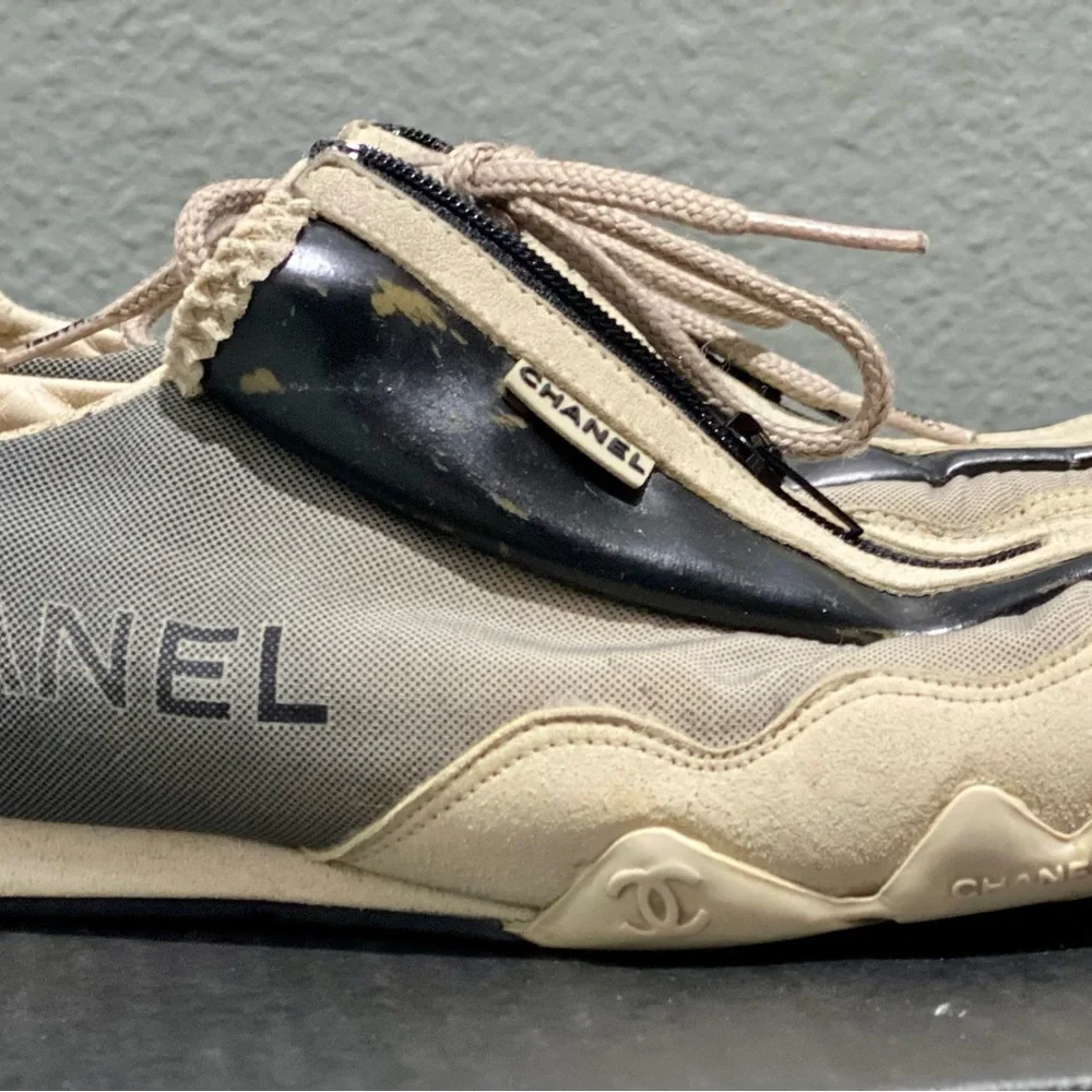 CHANEL 03A White & Blue Hidden Lace Tennis / Bicycle Sneakers Size 35.5 - Picture 7 of 9